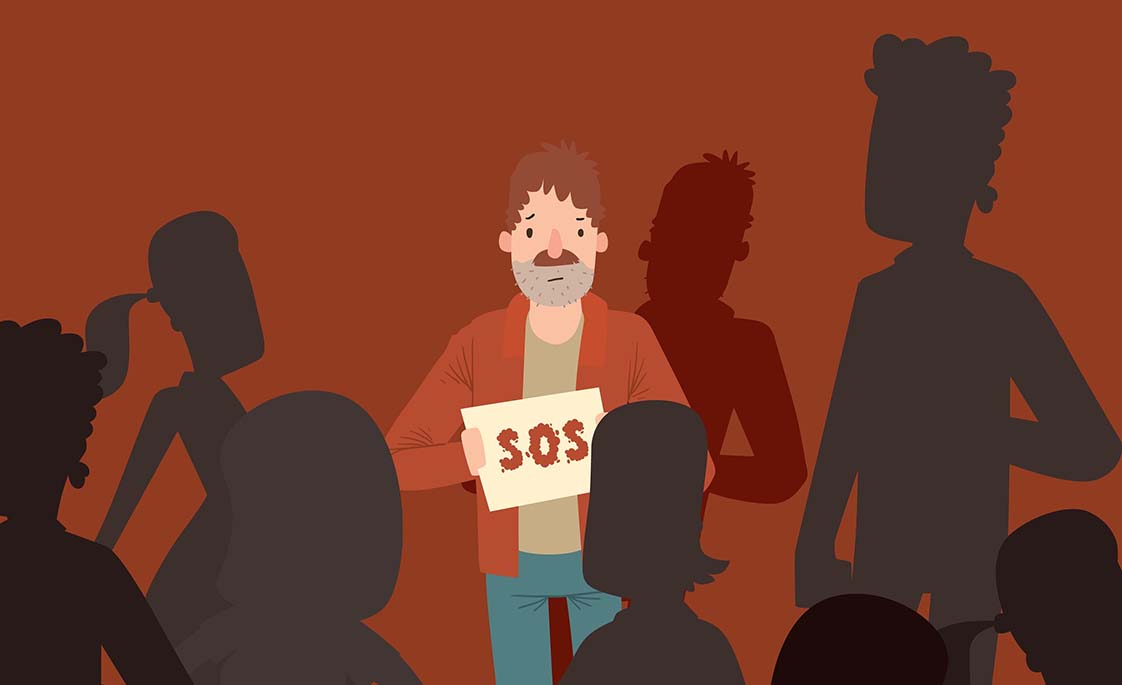 Ilustración de una persona sin hogar con un cartel de ayuda