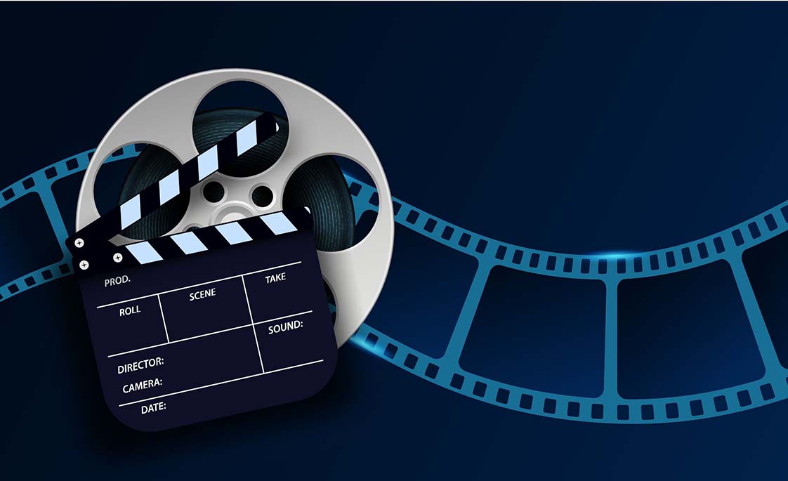 Ilustración de una claqueta, un rollo de película y negativos