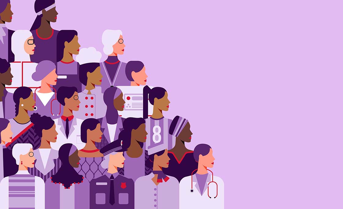 Ilustración de perfiles de mujeres con uniformes profesionales diveross (médica, azafata, policía, futbolista, , cocinera...)