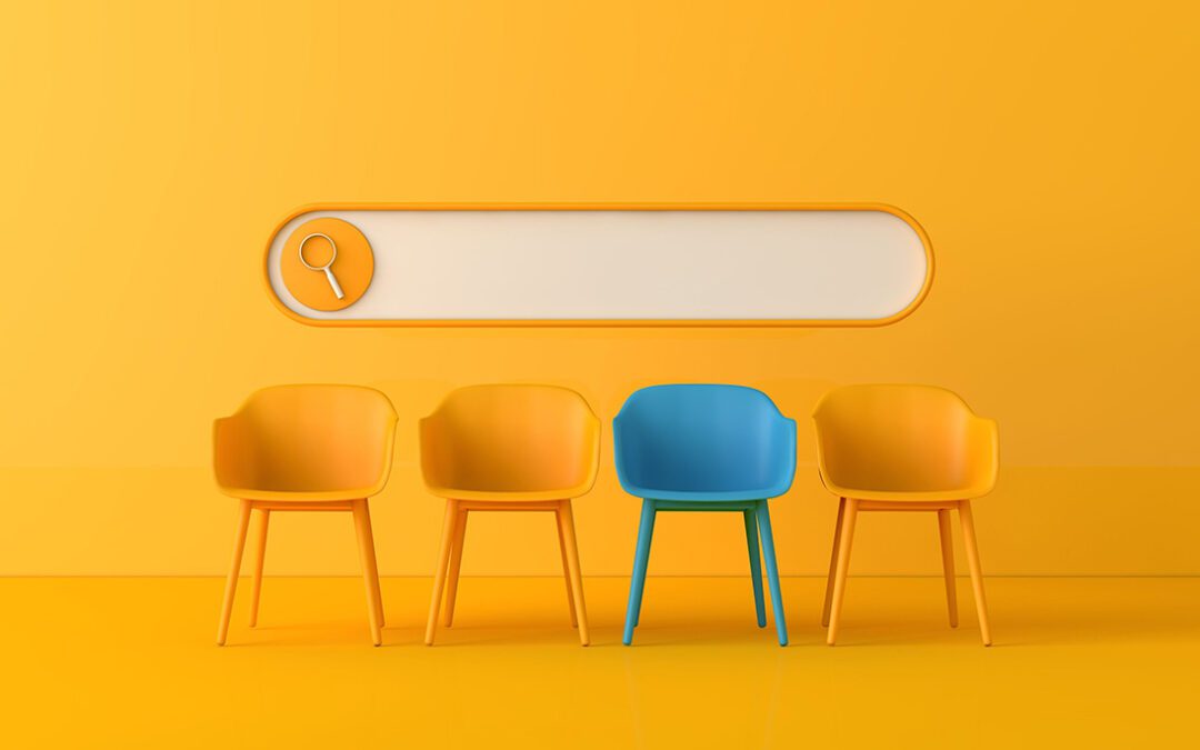 Ilustración de una sala de espera en amarillo con una silla destacada en azul