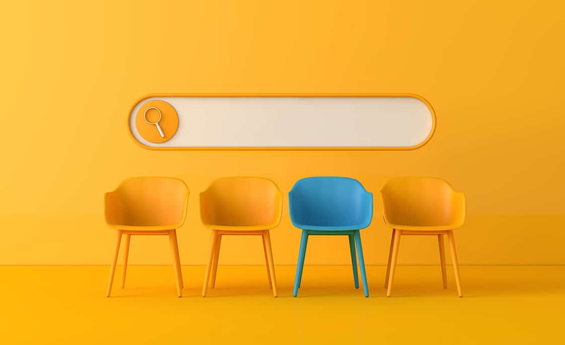 Ilustración de una sala de espera en amarillo con una silla destacada en azul