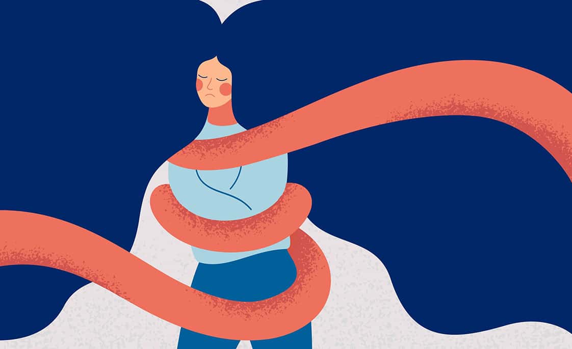 Ilustración de una mujer con cara triste a la que enredan unos tentáculos