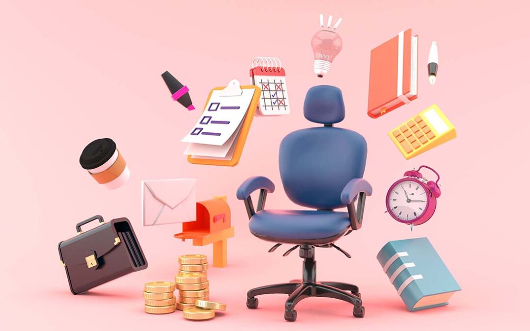 Collage de una silla de oficina con objetos alrededor: con un libro, dinero, buzón, un maletín, un café, una lista, un calendario...