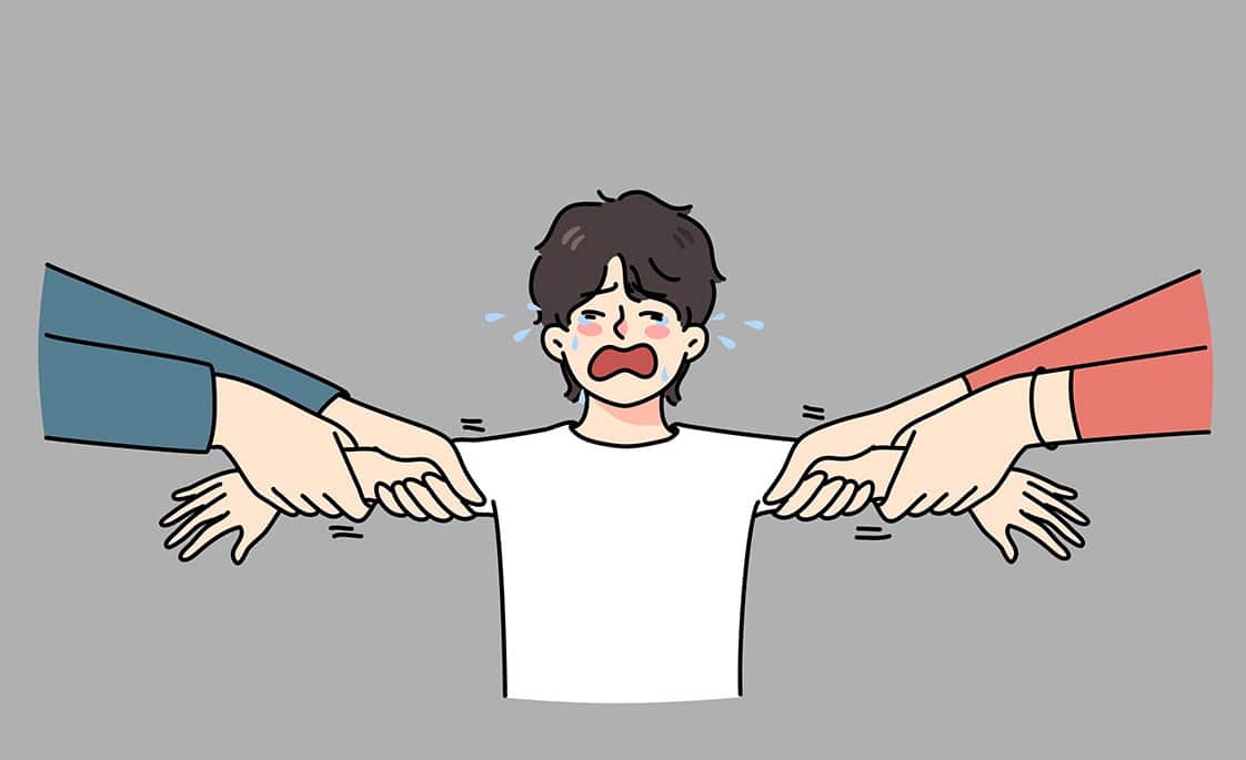 Ilustración de un niño con los brazos extendidos llorando del que dos personas tiran de cada brazo
