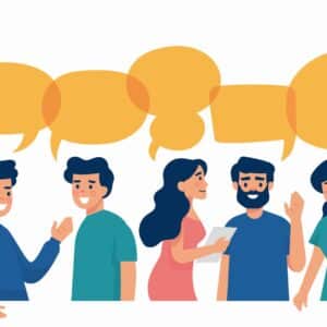 Ilustración de 5 personas que colaboran entre sí usada para presentar el curso de Dirección de centros de servicios sociales