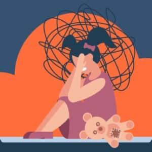 Ilustración de una niña sentada con las manos a la cabeza. Aparece un gran garabato que le rodea la cabeza