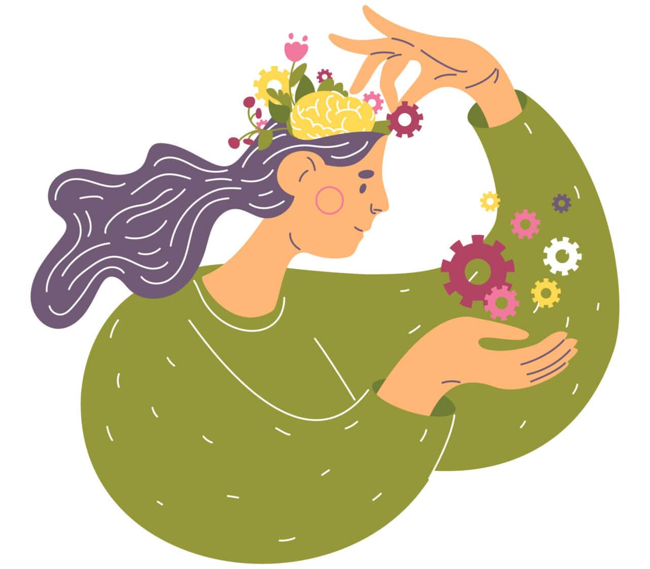 Ilustración de una mujer que cuida lo que entra y sale de su cerebro o cabeza